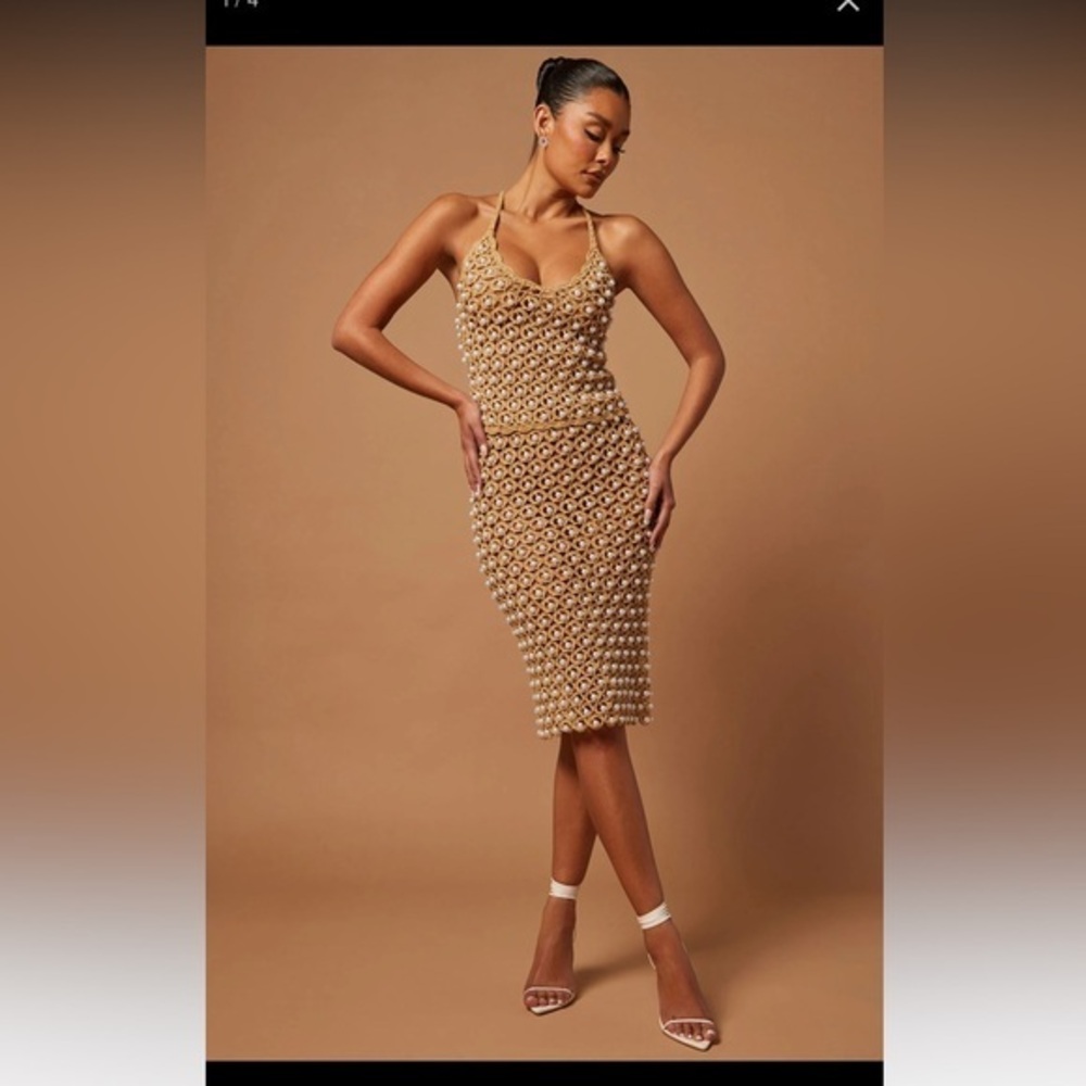 Fashion Nova Miriam Pearl Crochet Cami and Midi Skirt - Taupe, NWT, Size M
